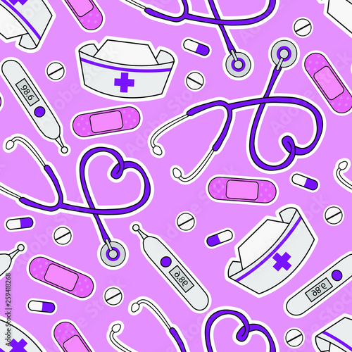 Hand drawn  nurse hospital elements vector illustration seamless pattern background