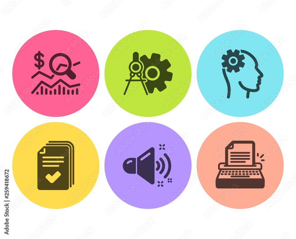 Engineering, Loud sound and Cogwheel dividers icons simple set. Check investment, Handout and Typewriter signs. Cogwheel head, Music. Technology set. Flat engineering icon. Circle button. Vector Engineering, Loud sound and Cogwheel dividers icons simple set. Check investment, Handout and Typewriter signs. Cogwheel head, Music. Technology set. Flat engineering icon. Circle button. Vector