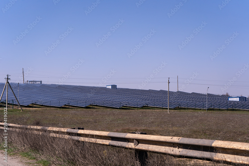 Fototapeta premium Plenty of solar panels in the field, cloudless blue sky