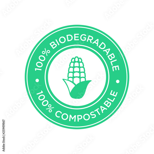 100% Biodegradable and compostable icon.  Bioplastic made of corn. Round and green symbol.