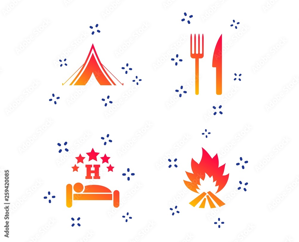 Food, sleep, camping tent and fire icons. Knife and fork. Hotel or bed and breakfast. Road signs. Random dynamic shapes. Gradient food icon. Vector Food, sleep, camping tent and fire icons. Knife and fork. Hotel or bed and breakfast. Road signs. Random dynamic shapes. Gradient food icon. Vector