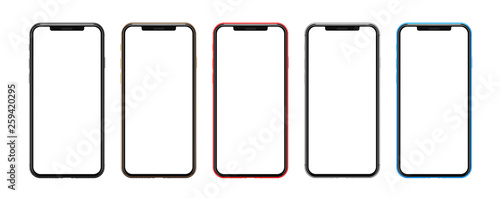 Smartphones gold, red, blue, silver and black - blank screen and isolated on white background, high resolution. Template, mockup. photo