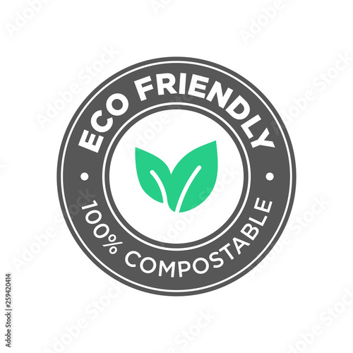 Eco Friendly. 100% Compostable icon. Round green and black symbol.