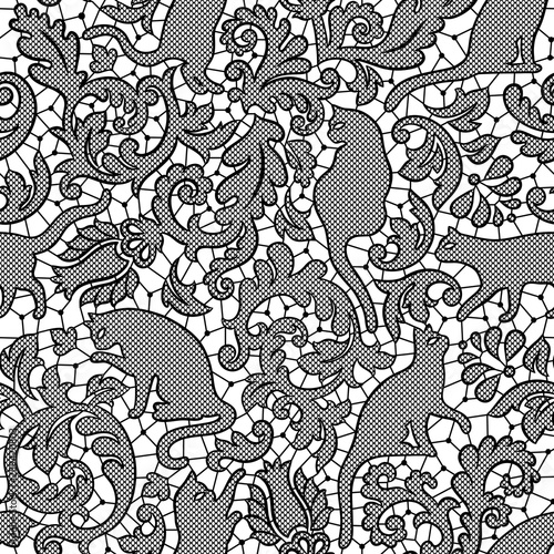 Cat damask lace seamless vector pattern. 