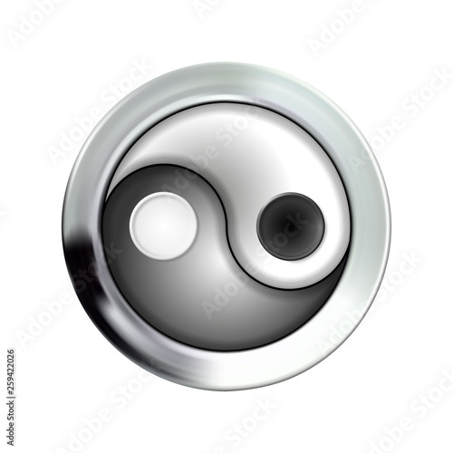 Yin and yang button icon in silver, metal frame. Vector illustration Eps 10. For design and decoration, ui or app. Spiritual relaxation of modern metallic cosmic for yoga meditation