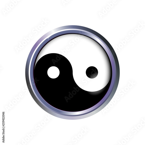 Yin and yang button icon in silver, metal frame. Vector illustration Eps 10. For design and decoration, ui or app. Spiritual relaxation of modern metallic cosmic for yoga meditation