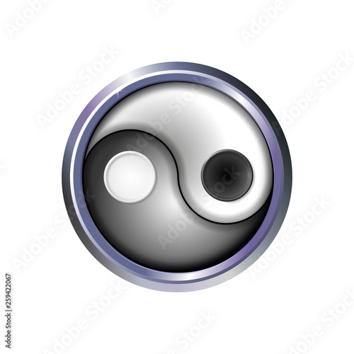Yin and yang button icon in silver, metal frame. Vector illustration Eps 10. For design and decoration, ui or app. Spiritual relaxation of modern metallic cosmic for yoga meditation