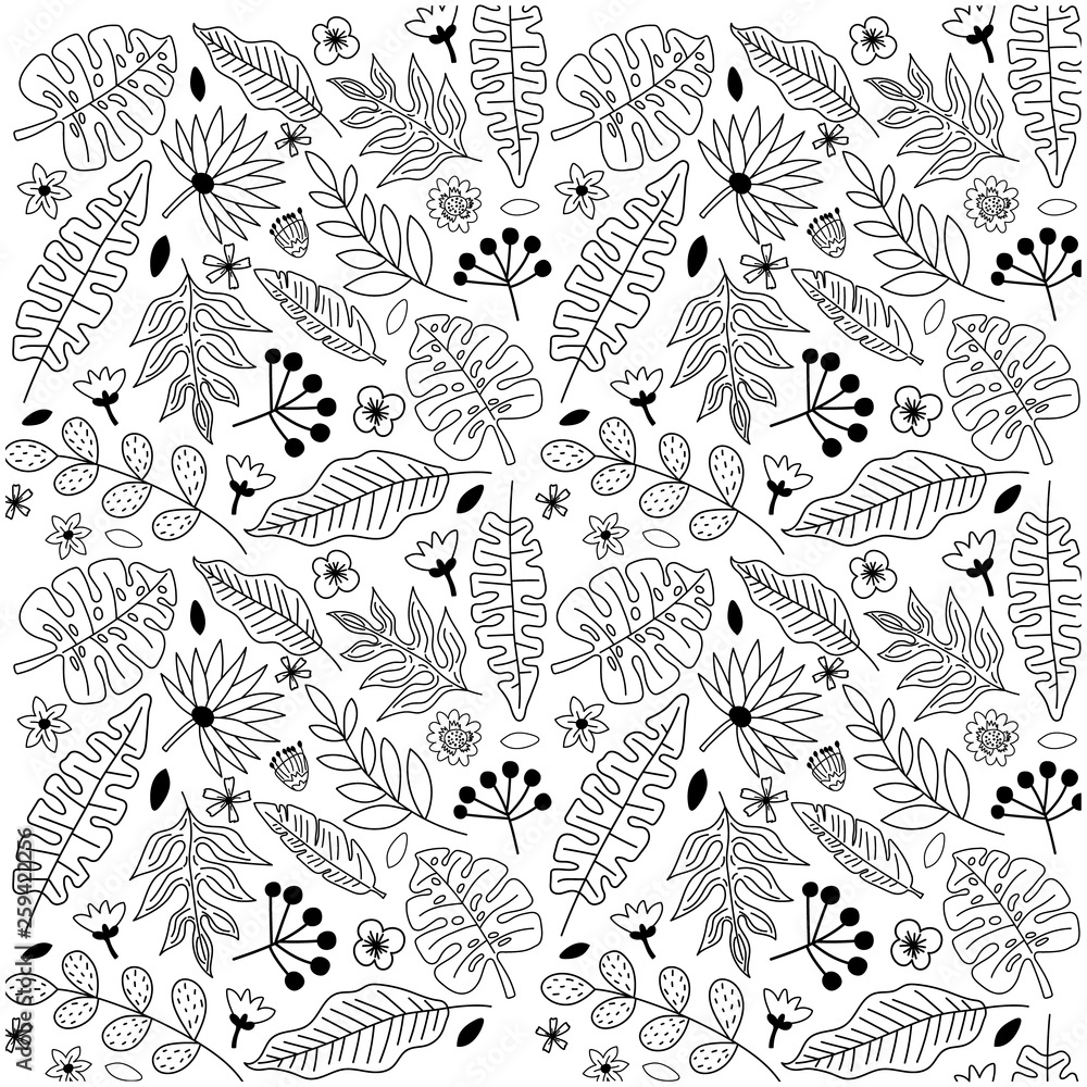 Fototapeta premium Outline handdrawn seamless background with tropical leaves and flowers. Simple cute pattern for design t shirts, posters, cards. Vector illustration