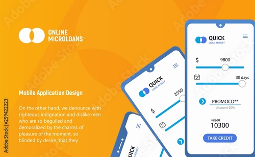 Loan money mobile application concept. App micro credit ui ux interface. Mockup mobile phones with tariff plans on yellow background