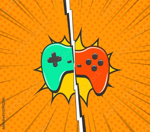 Console battle pop art vector illustration. Cybersports tournament consept. Green and red cartoon gamepads