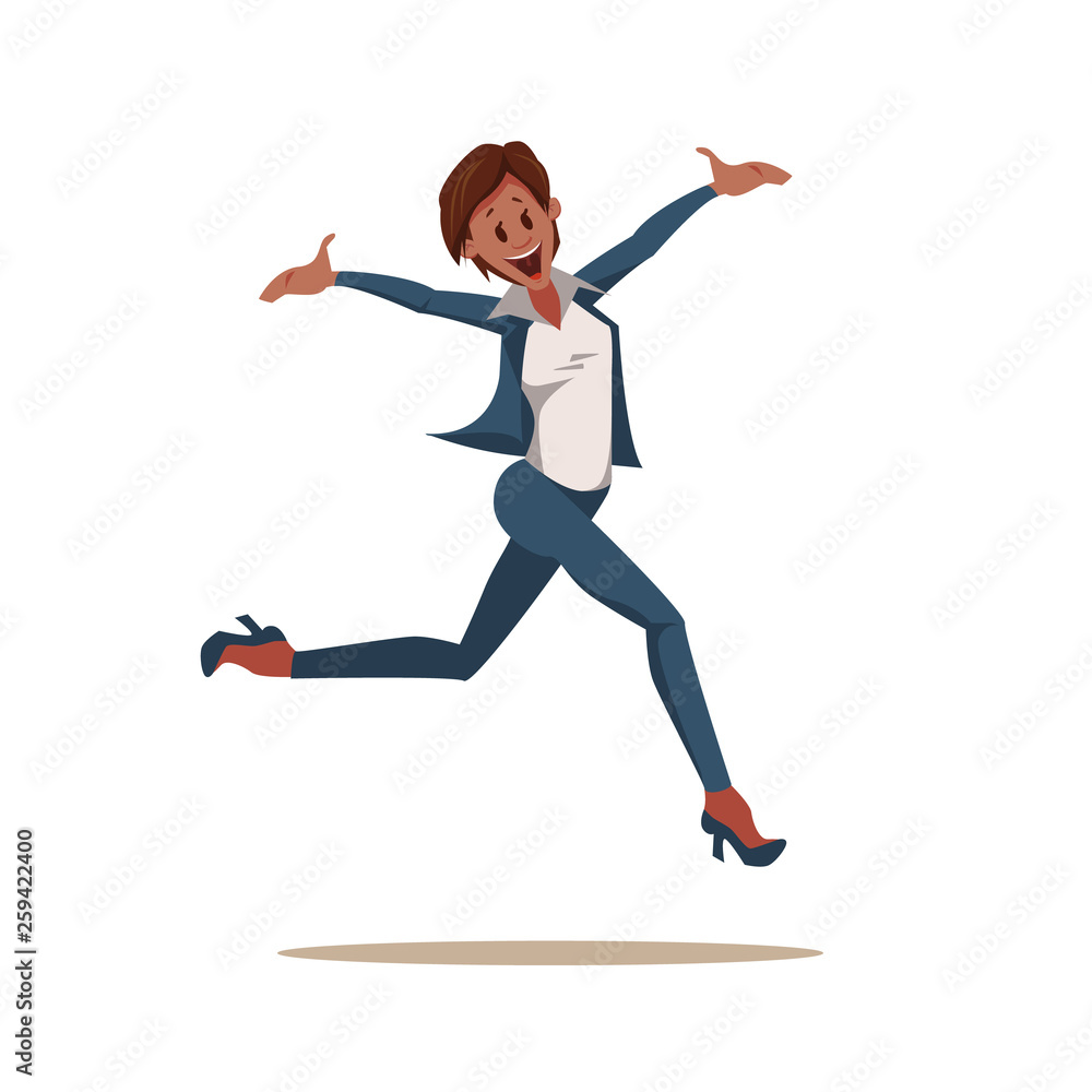 Excited Coworker Woman Wearing Pantsuit Jump Up