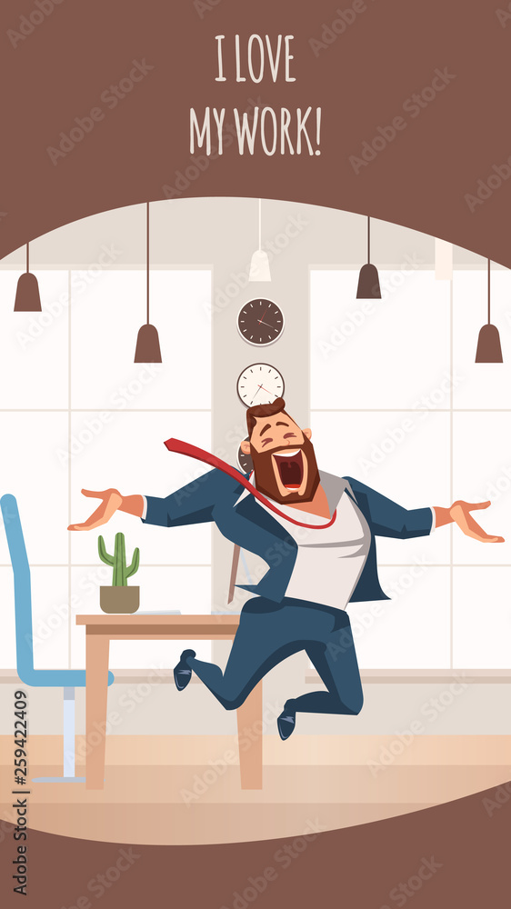 Laughing Office Worker Jumping Up. Boss Love Work Laughing Office Worker Jumping Up. Boss Love Work