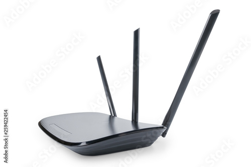 Black wifi router in wide angle perspective isolated with clipping path photo