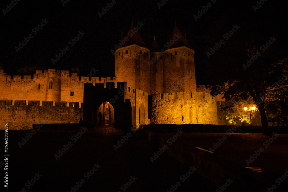 Burg La Cité beleuchtet bei Nacht, Carcassonne, Frankreich