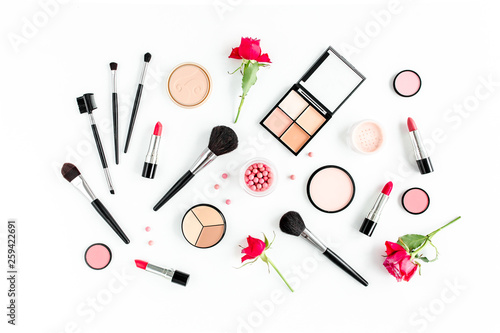 Professional makeup brushes and tools, make-up products set. Flat composition. magazines, social media. Top view. Flat lay.
