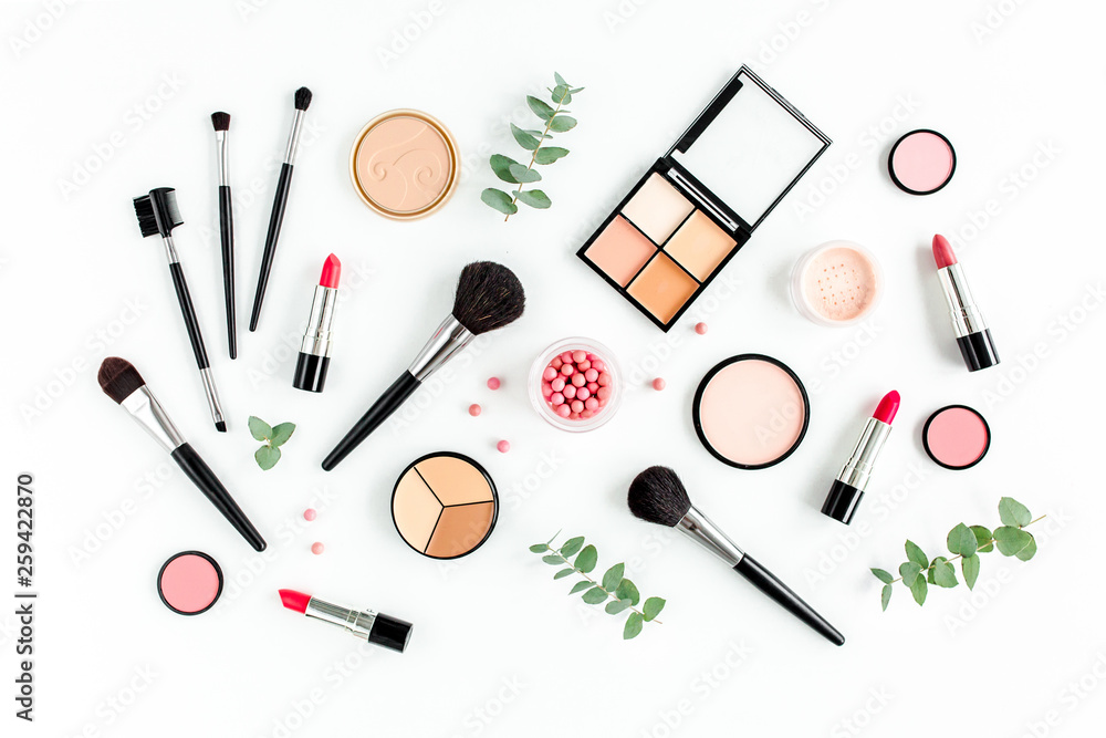 Professional makeup brushes and tools, make-up products set. Flat composition. magazines, social media. Top view. Flat lay. Professional makeup brushes and tools, make-up products set. Flat composition. magazines, social media. Top view. Flat lay.