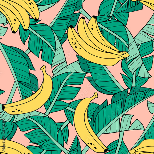 Hand drawn bananas and banana leaves. Seamless vector pattern on pink background. Perfect for fabric, wallpaper or wrapping paper.