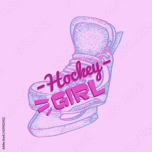 Vector hockey girl lettering. Isolated pink ice hockey skates for woman on light pink background. Ice hockey sports equipment. Hand drawn skates in sketch style.