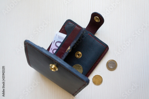 Leather wallet euro banknotes and coins on a light background.