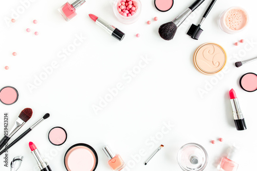 Professional decorative cosmetics, makeup tools on white background. Flat composition beauty, fashion. flat lay, top view