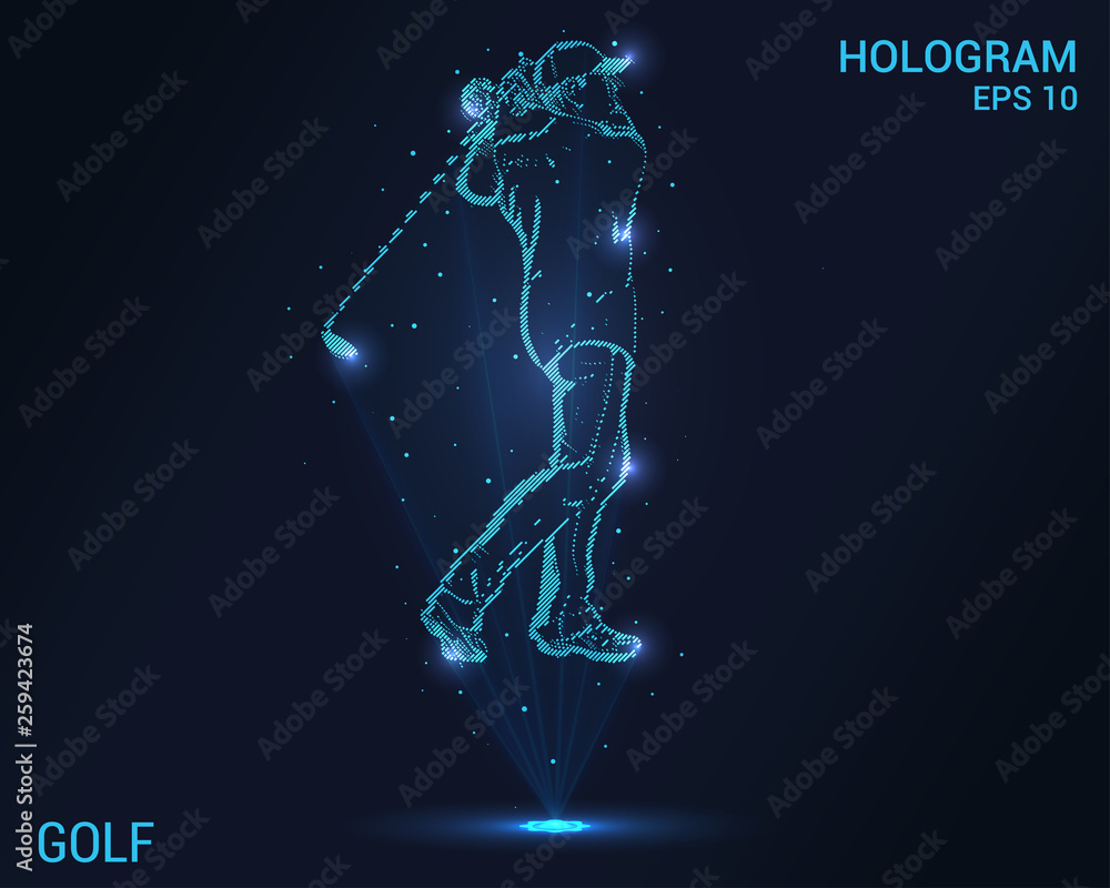 Golf hologram. Holographic projection of a golfer. Flickering energy flux of particles. The scientific design of the golf.