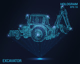 Excavator hologram. A holographic projection of the tractor. Flickering energy flux of particles. Scientific excavator design.