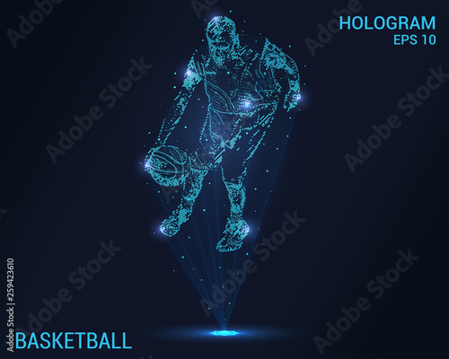 Basketball hologram. Holographic projection basketball player. Flickering energy flux of particles. The scientific design of basketball.