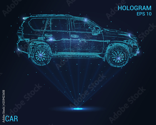 The car is a hologram. Holographic projection of the car. Flickering energy flux of particles. The scientific design of the car.