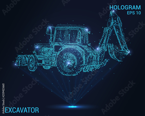 Excavator hologram. A holographic projection of the tractor. Flickering energy flux of particles. Scientific excavator design.