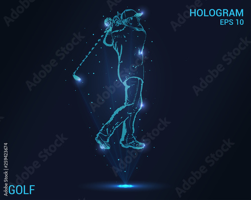 Golf hologram. Holographic projection of a golfer. Flickering energy flux of particles. The scientific design of the golf.