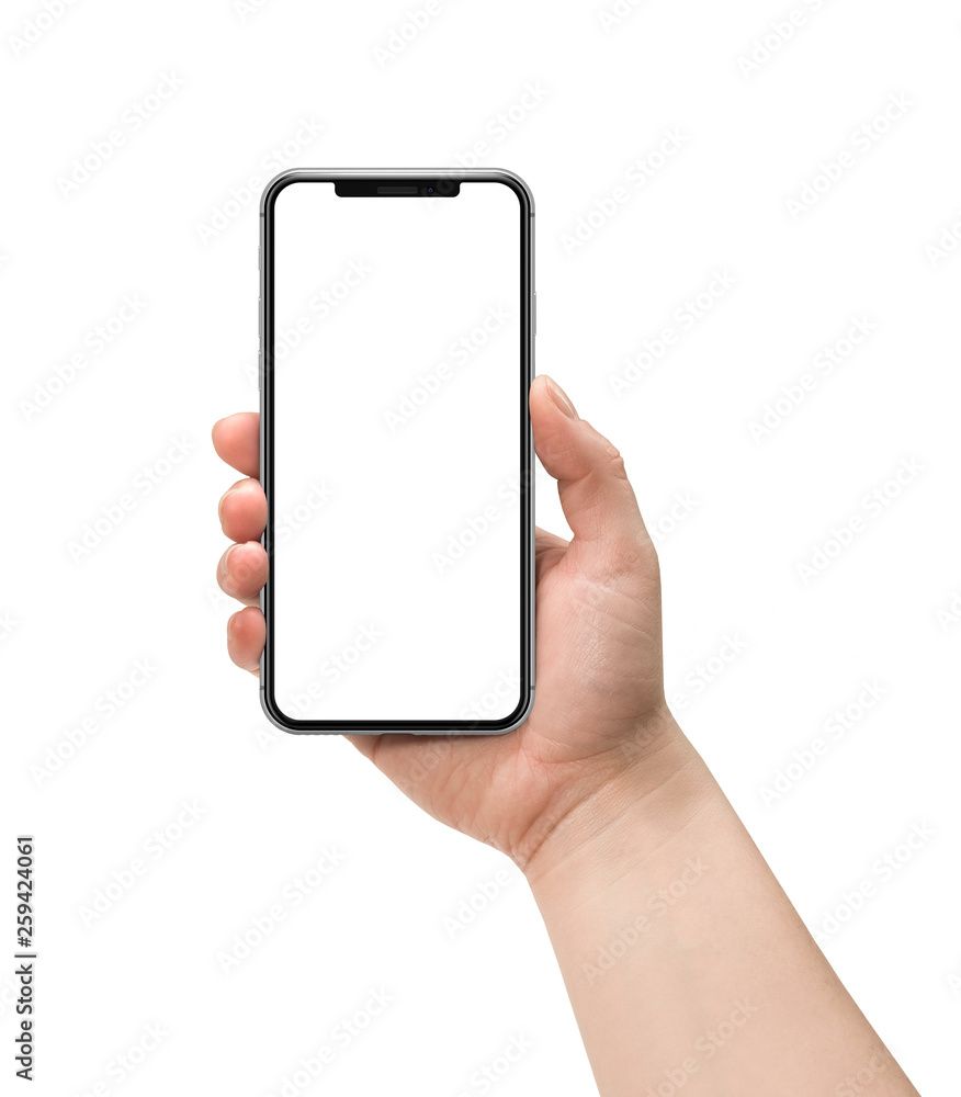 Hand holding smart phone with blank screen isolated on white. Template,  mockup. Stock-Foto | Adobe Stock