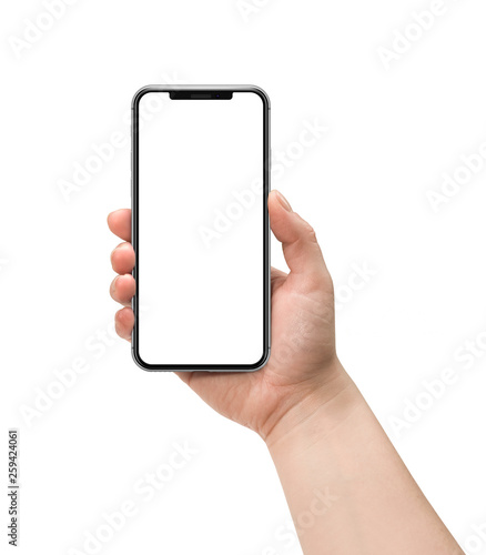 Hand holding smart phone with blank screen isolated on white. Template, mockup.