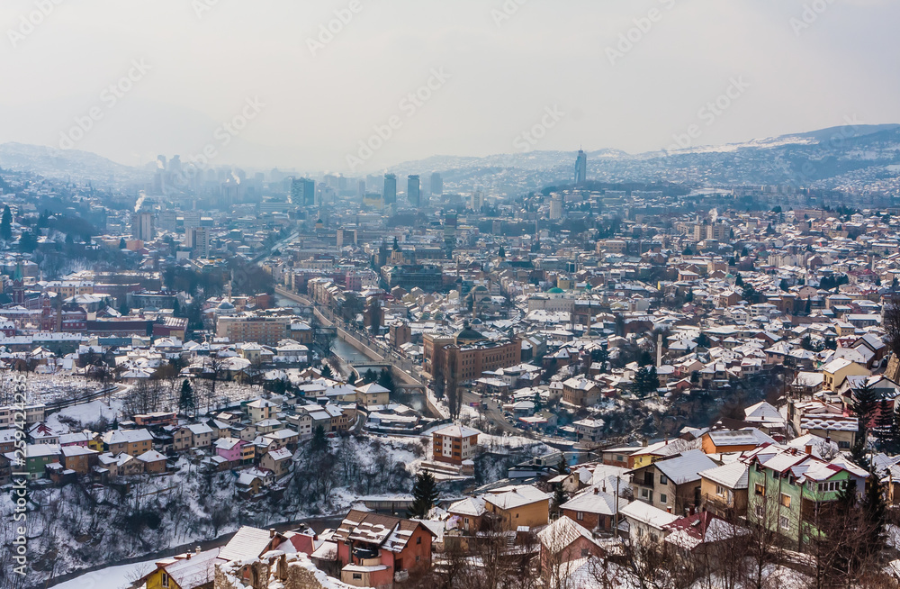 View from the high point to Sarajevo in the mist. Bosnia and Herzegovina
