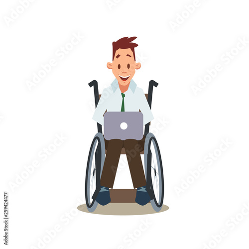 Happy Disabled Man in Wheelchair Work by Laptop