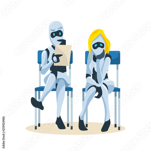 Robot Couple Sit on Chair Wait for Job Interview