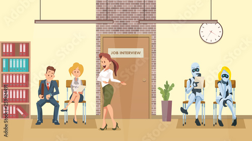 People and Robot Queue at Door in Office Corridor
