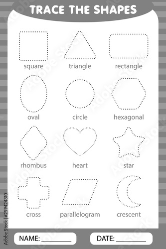 trace the geometric shapes around the contour. learning for children, drawing tasks