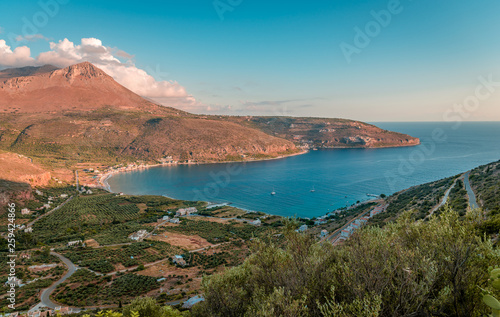 Scenic seascape in Laconian Mani, in Peloponnese, Greece, just an hour before sunset. photo