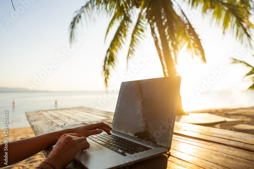 girl freelancer working on the sea at sunset with a computer