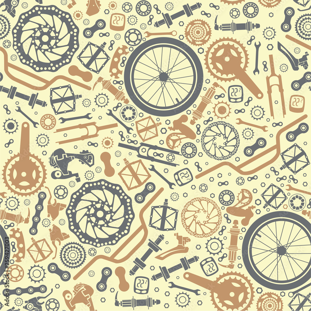 Seamless pattern of bicycle parts. Vector image.