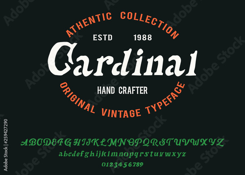 Cardinal. Handmade vintage typeface. Retro typography. Classic design. Arnament.
