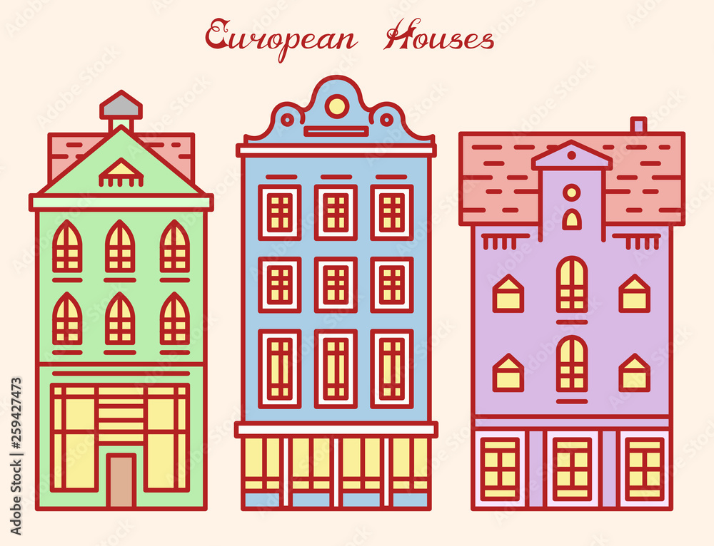 Europe house or apartments. Cute architecture in Netherlands. Neighborhood with classic street and cozy homes for Banner or poster. Building and facades. Doodle sketch Flat style.