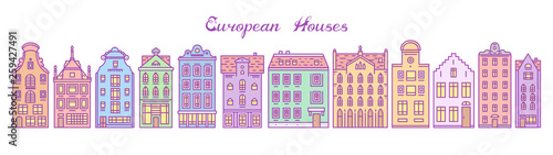 Europe house and apartments. Set of cute architecture in Amsterdam. Neighborhood with classic street and cozy homes. Building and facades for Banner or poster. Doodle sketch.