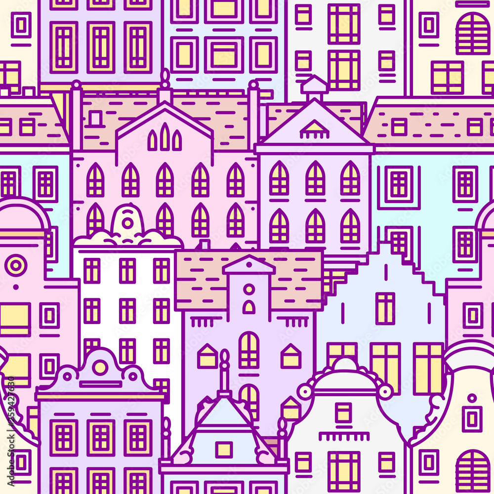 Europe house Seamless pattern. Cute architecture background. Neighborhood with classic apartments and cozy homes for Banner or poster. Doodle sketch.