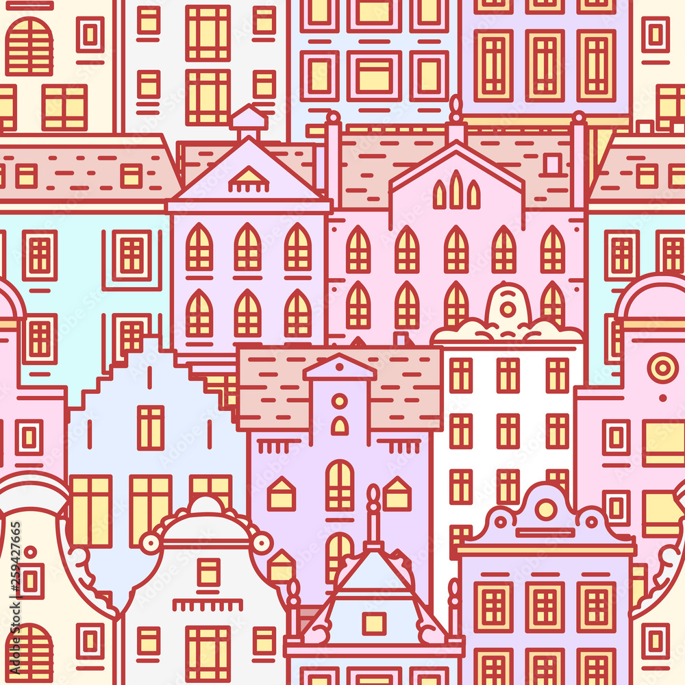 Europe house or apartments Seamless pattern. Cute architecture background. Neighborhood with classic street and cozy homes for Banner or poster. Building and facades. Doodle sketch Flat style.