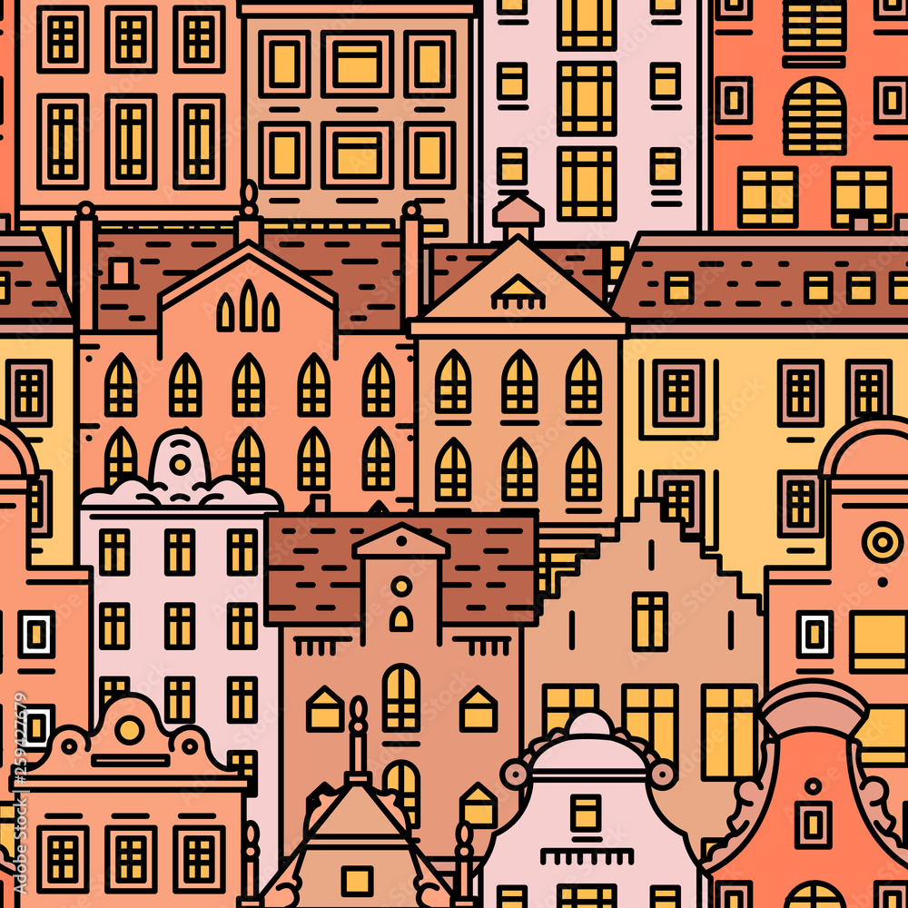 Europe house Seamless pattern. Cute architecture background. Neighborhood with classic apartments and cozy homes for Banner or poster. Doodle sketch.