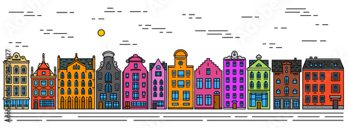 Europe house or apartments. Set of cute architecture in Netherlands. Neighborhood with classic street and cozy homes for Banner or poster. Building and facades. Doodle sketch Flat style.