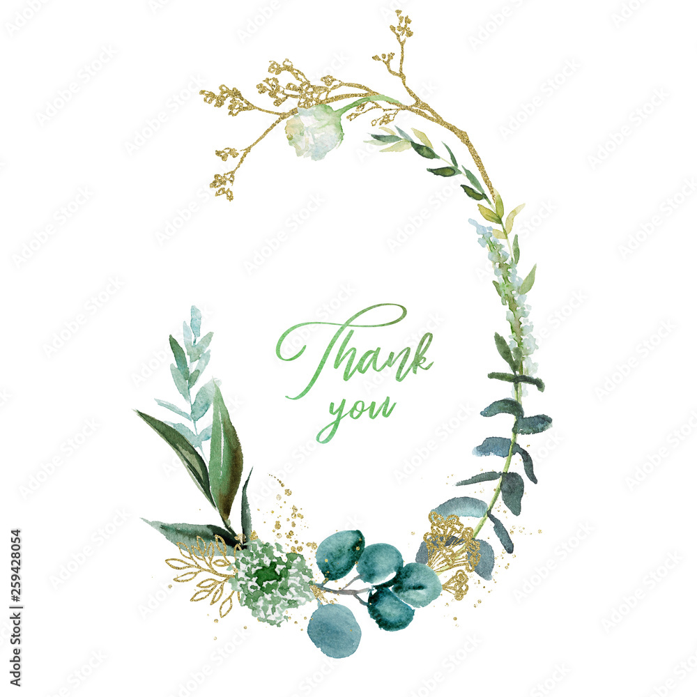 Watercolor floral illustration with gold branches - leaf frame / wreath ...