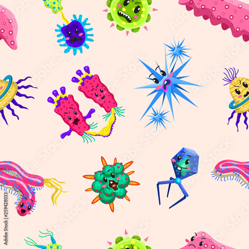 Bacteria characters Seamless pattern. Cartoon Cute germ virus funny infection. Funny bad emotions micro Microbe. Color Monster, pathogen or parasite.