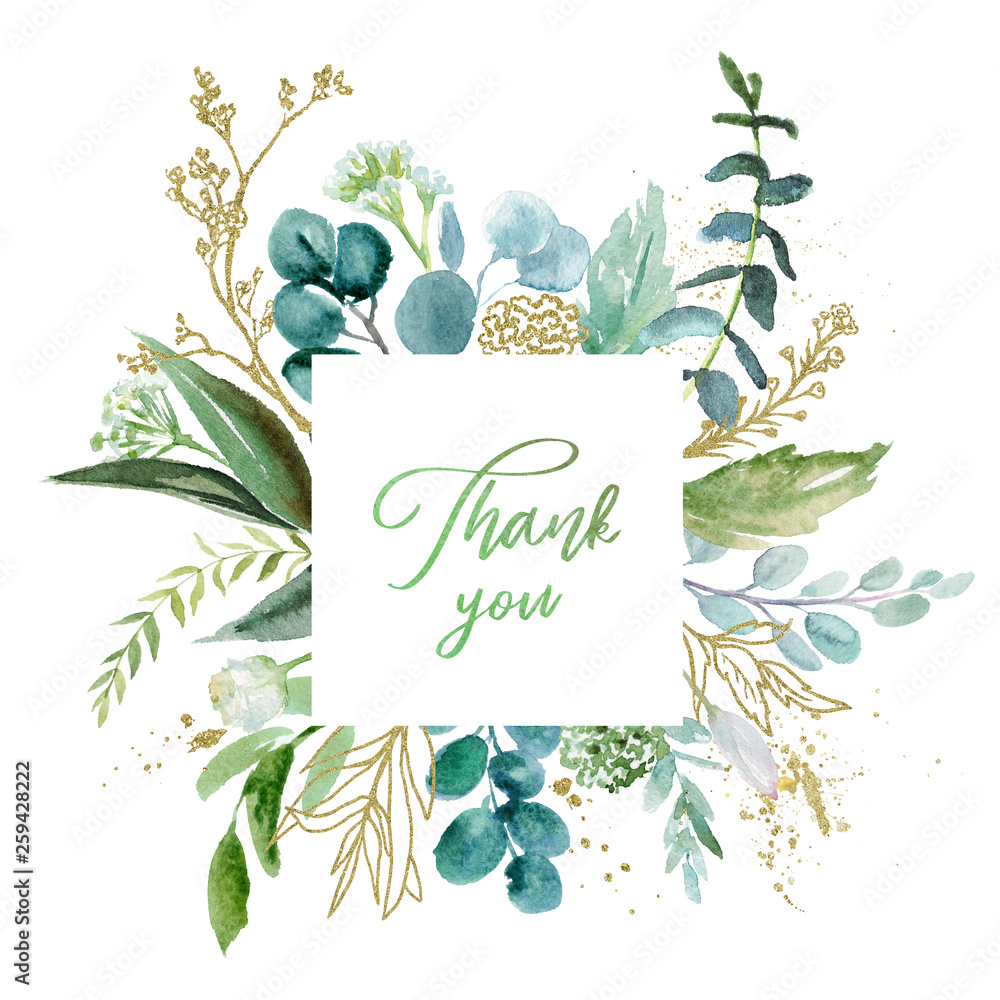 Watercolor floral illustration with gold branches - leaf frame / wreath ...